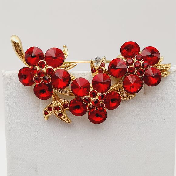 Vintage Red Rivoli Rhinestone Flower Cluster Brooch - Picture 4 of 9